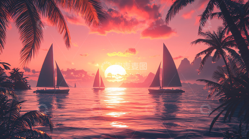 高清大图下载【趣麦麦图】热带夕阳下帆船海景