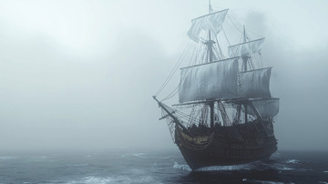 浓雾中航行的古老帆船