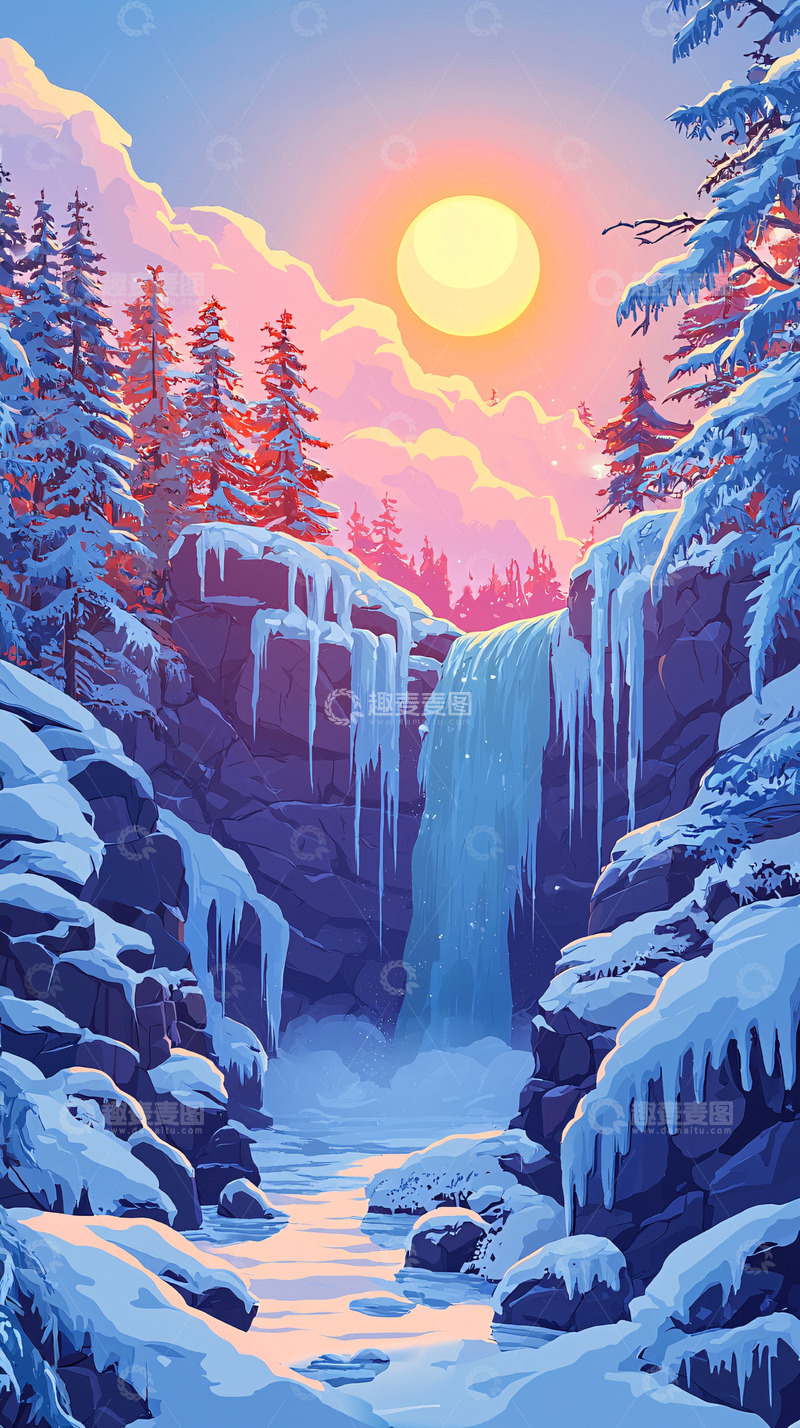 高清大图下载【趣麦麦图】冬日雪景瀑布