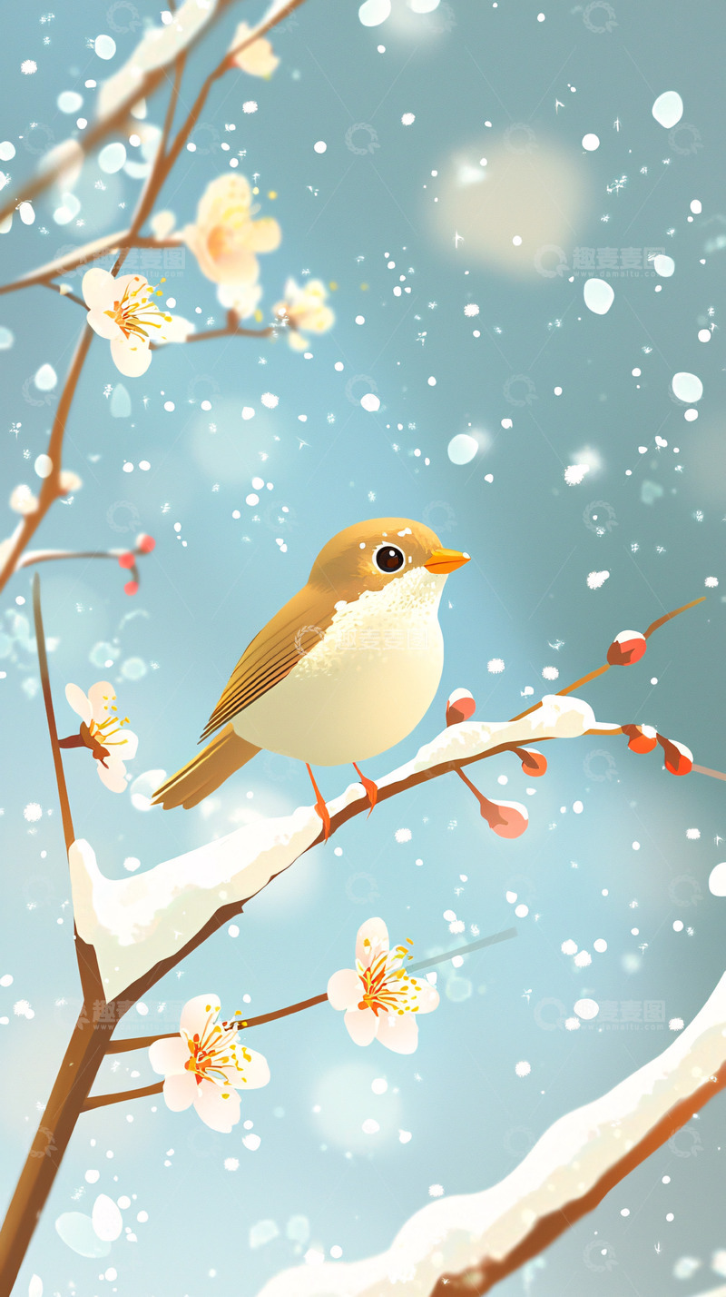 高清大图下载【趣麦麦图】冬日小鸟梅花枝头
