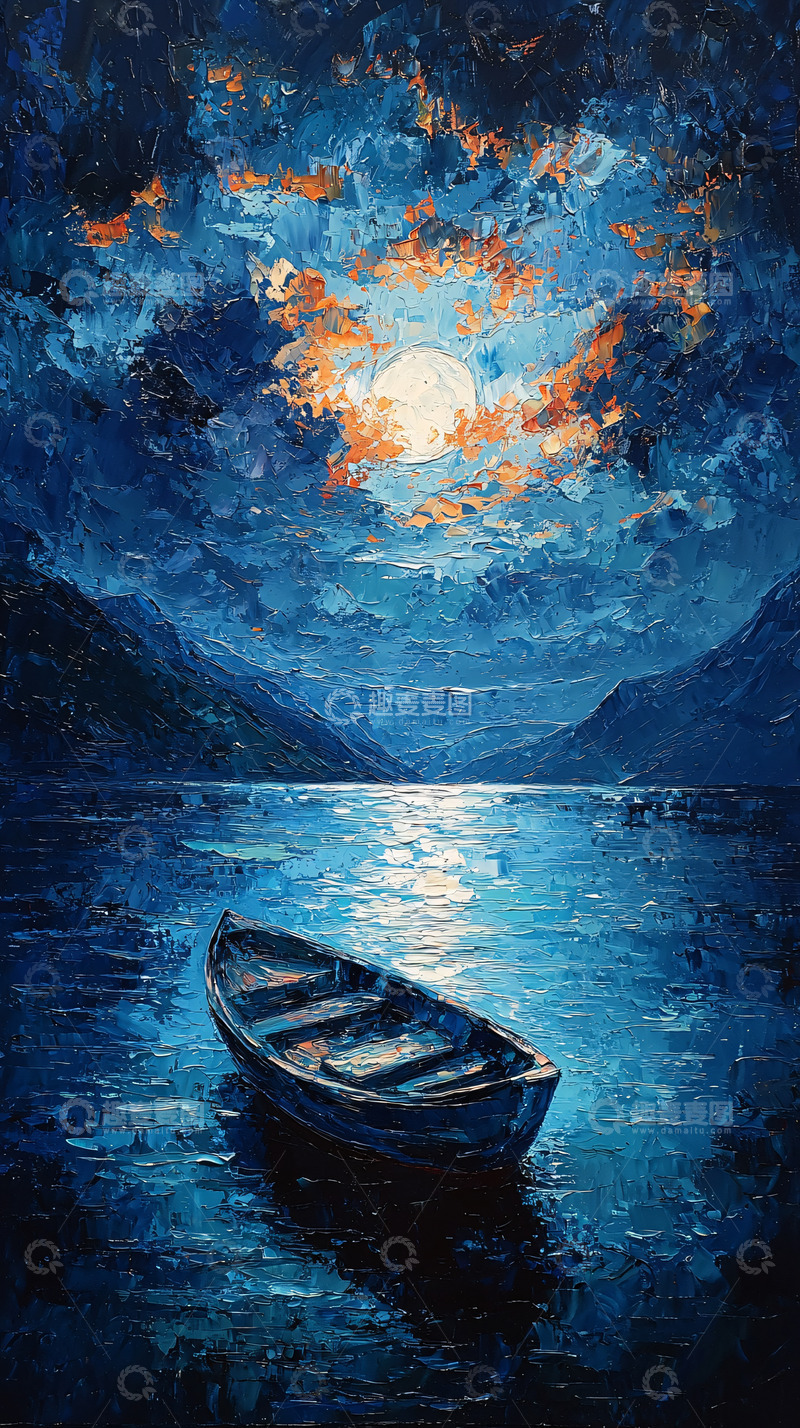 高清大图下载【趣麦麦图】湖面月光下的孤独小船