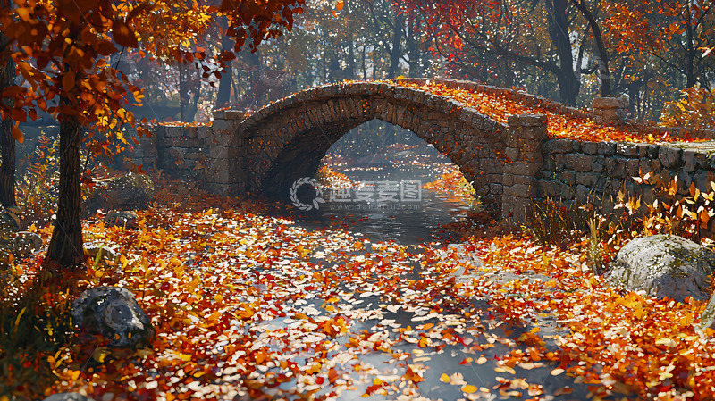 高清大图下载【趣麦麦图】秋季小桥流水落叶景观