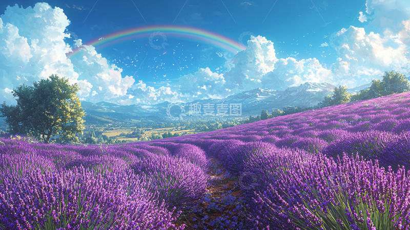 高清大图下载【趣麦麦图】彩虹下的薰衣草田