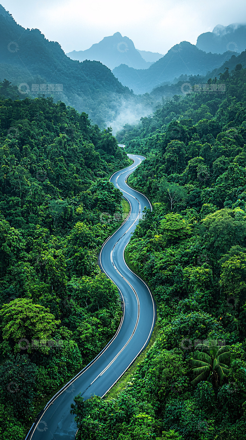 高清大图下载【趣麦麦图】蜿蜒山路穿梭绿色森林