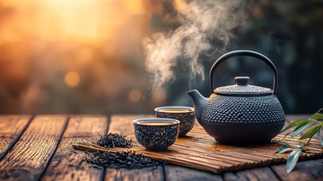 茶壶与茶杯在木桌上冒着热气
