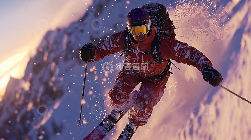 高清大图下载【趣麦麦图】滑雪运动员雪山日落