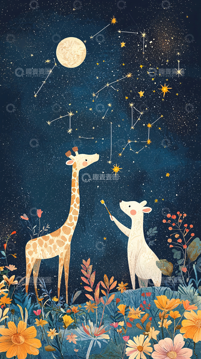 高清大图下载【趣麦麦图】星空长颈鹿