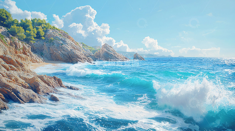 高清大图下载【趣麦麦图】阳光沙滩海浪岩石