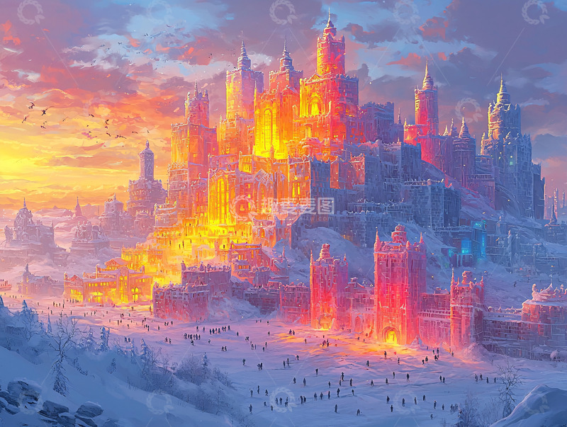 高清大图下载【趣麦麦图】冰雪城堡日落