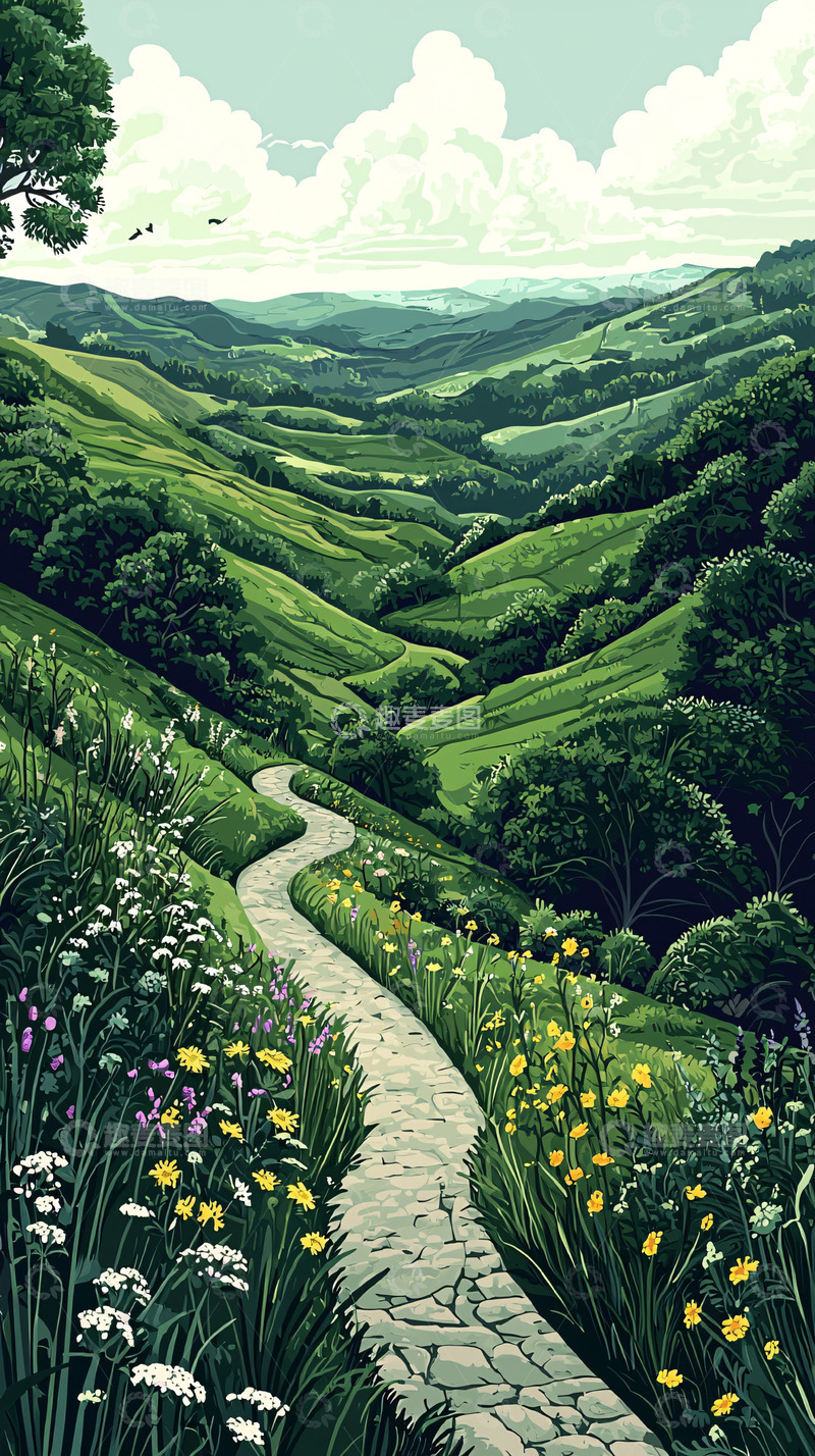 高清大图下载【趣麦麦图】蜿蜒山路绿色田园