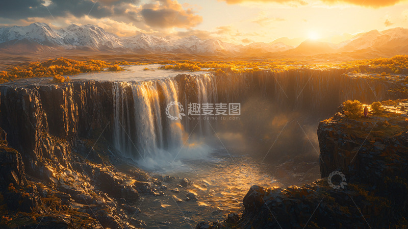 高清大图下载【趣麦麦图】壮丽瀑布在金色阳光下