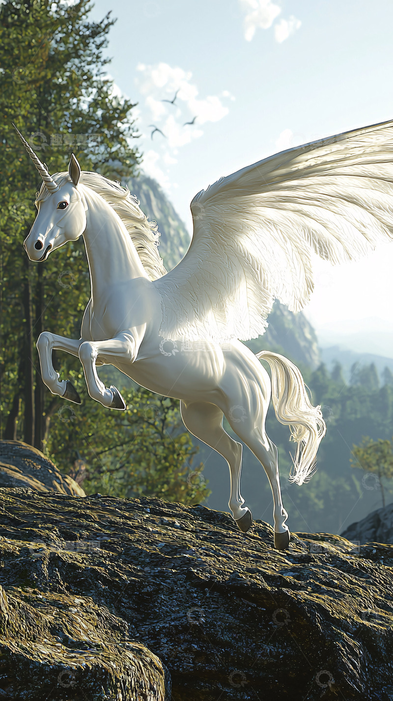 高清大图下载【趣麦麦图】飞翔的白马独角兽