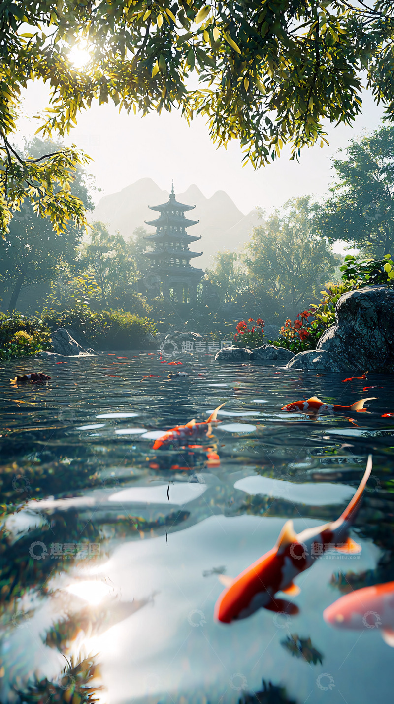 高清大图下载【趣麦麦图】清晨阳光下的日式庭院