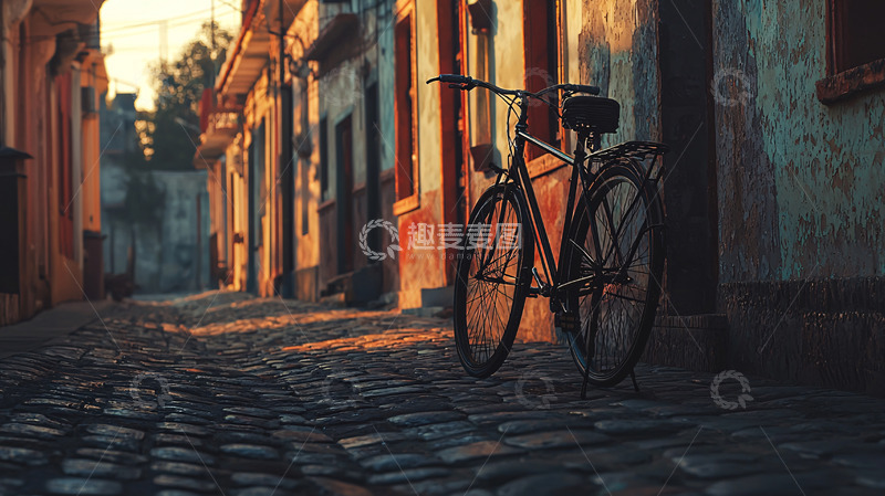 高清大图下载【趣麦麦图】夕阳下老街自行车