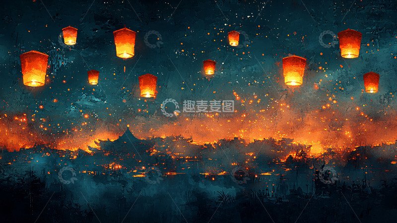 高清大图下载【趣麦麦图】夜空飞舞的孔明灯