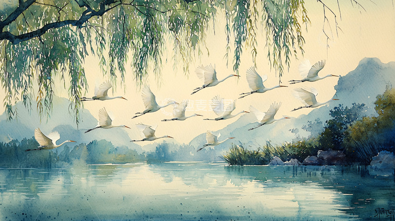 高清大图下载【趣麦麦图】水面飞翔的白色天鹅群