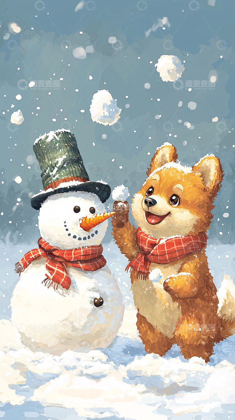 高清大图下载【趣麦麦图】雪地里的小狗和雪人