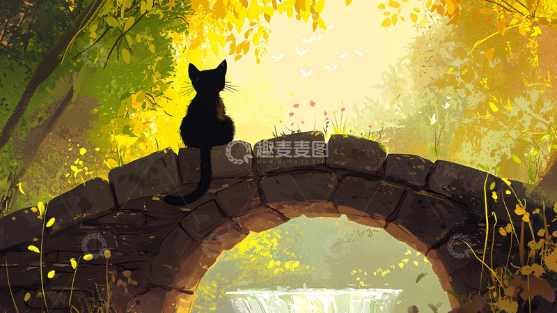 高清大图下载【趣麦麦图】黑猫坐在秋日石桥上