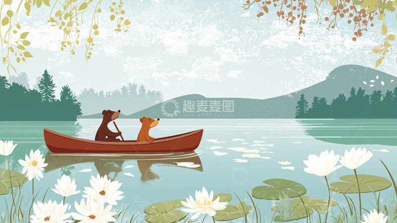 高清大图下载【趣麦麦图】两只熊在湖上划船