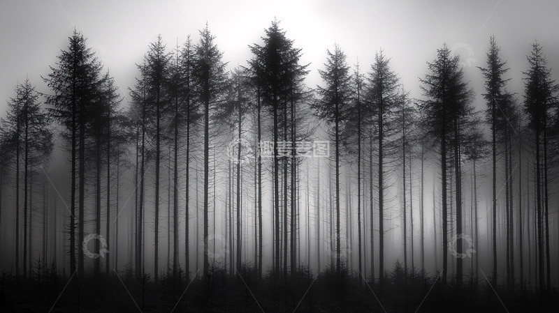 高清大图下载【趣麦麦图】黑白雾气笼罩的森林