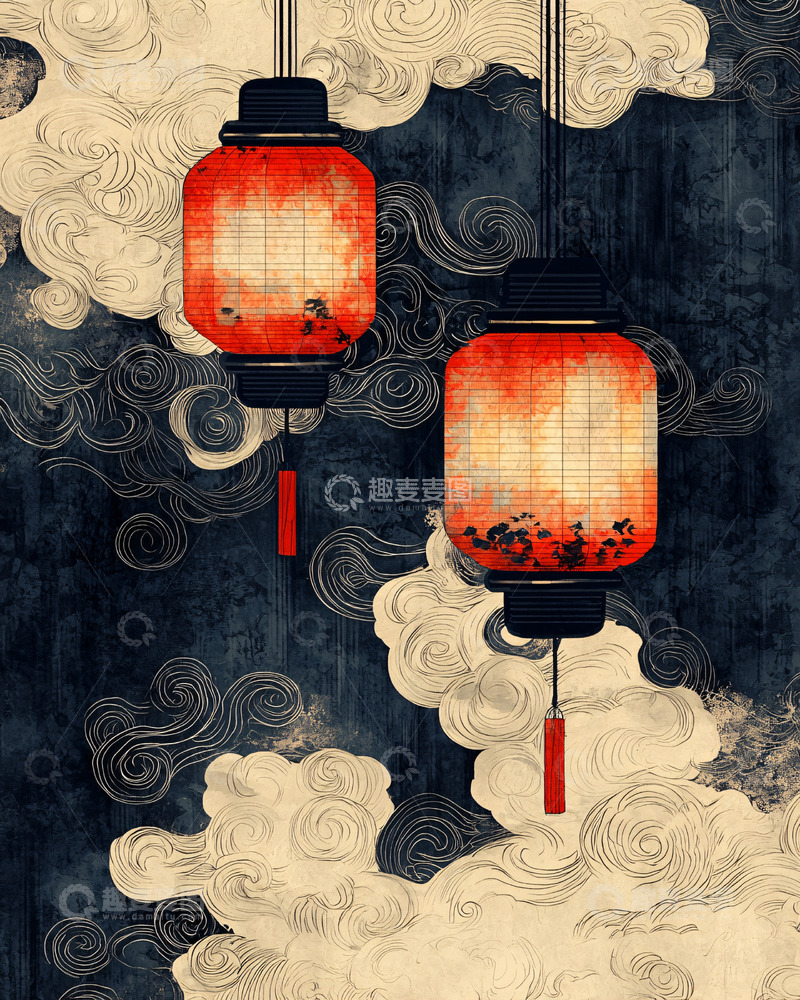 高清大图下载【趣麦麦图】红色灯笼与祥云图案
