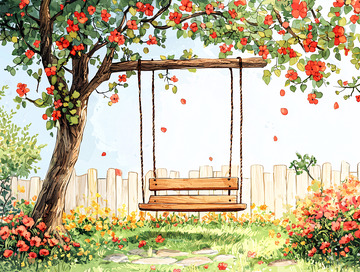 开满红花的树下秋千