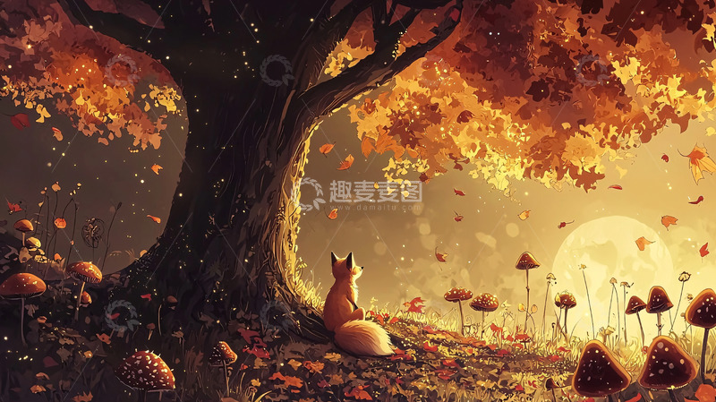 高清大图下载【趣麦麦图】秋天树林狐狸落日