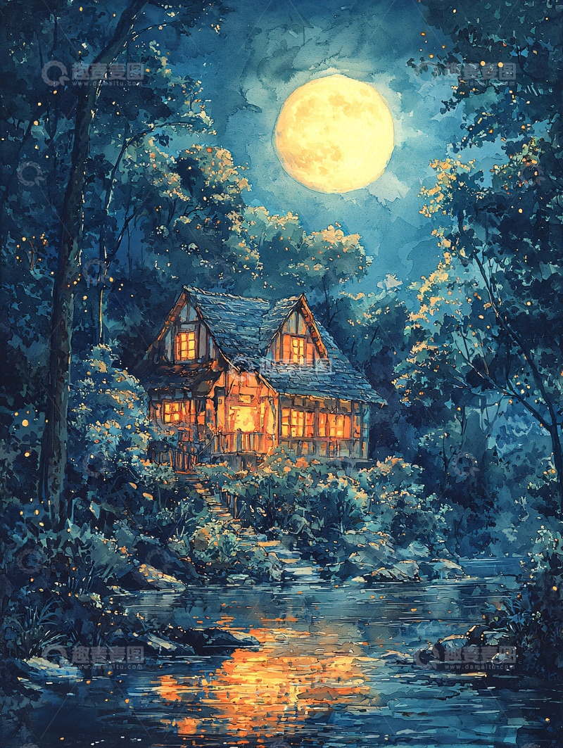 高清大图下载【趣麦麦图】月夜下林中小屋