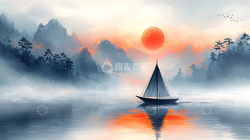高清大图下载【趣麦麦图】湖面帆船日出雾气山峦