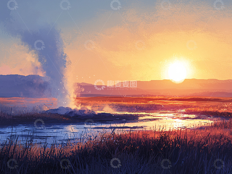 高清大图下载【趣麦麦图】日出时分的间歇泉喷发