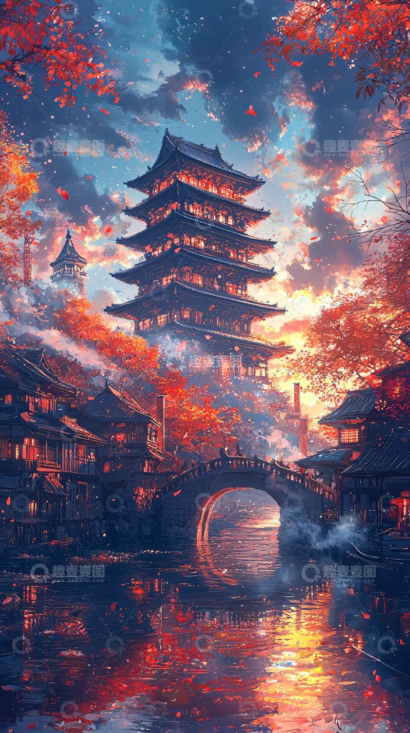 高清大图下载【趣麦麦图】古风塔楼秋景