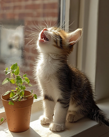 阳光下喵喵叫的小猫