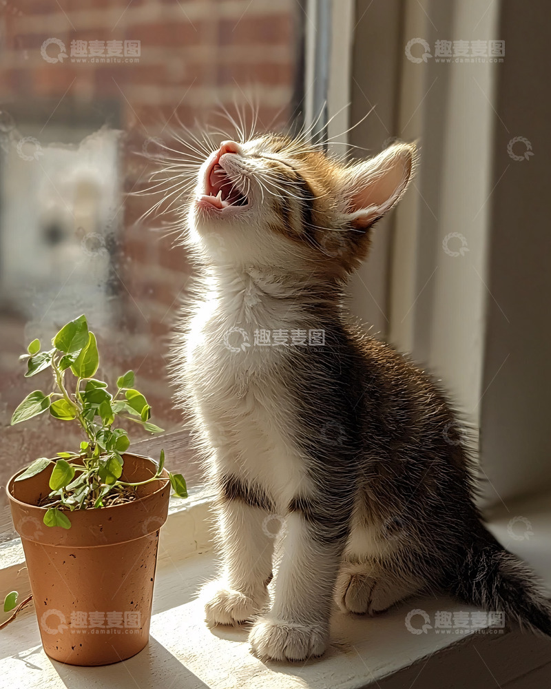 高清大图下载【趣麦麦图】阳光下喵喵叫的小猫