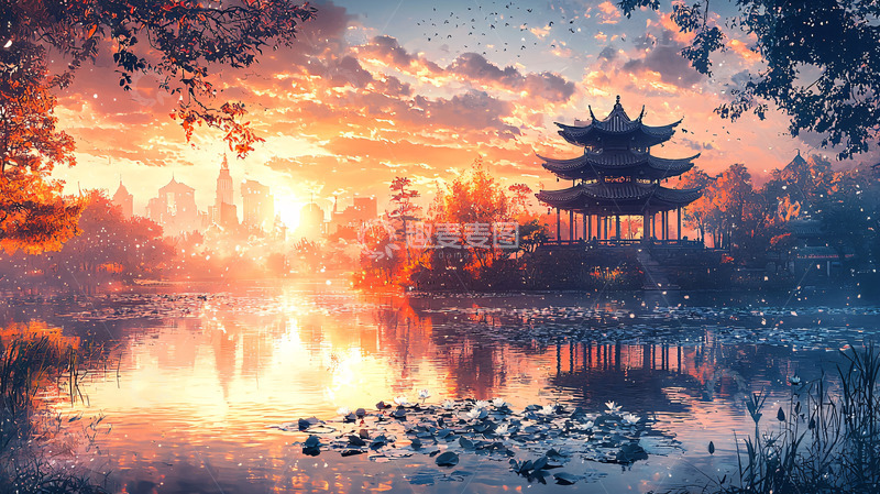 高清大图下载【趣麦麦图】唯美日落东方建筑