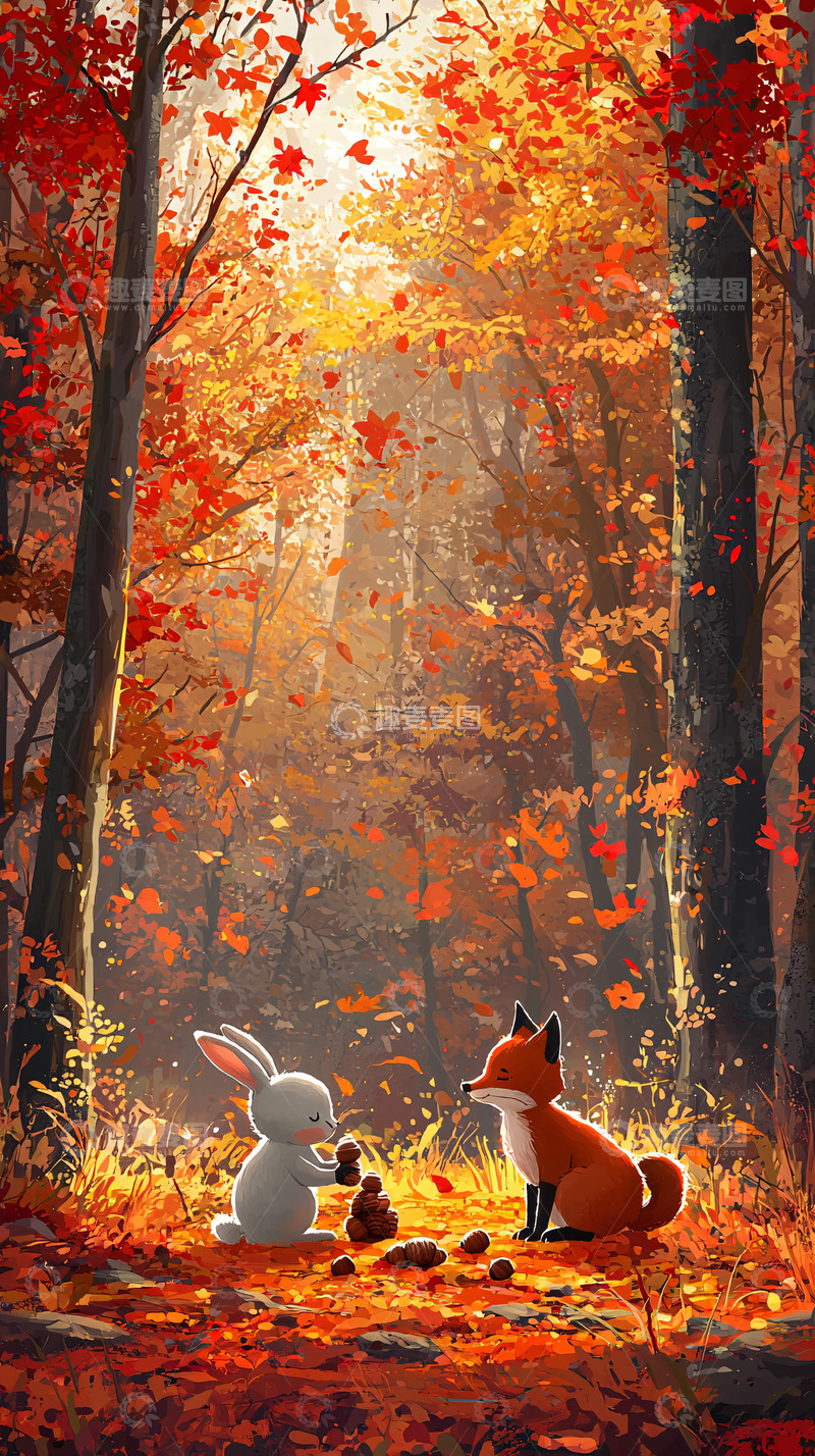 高清大图下载【趣麦麦图】秋天森林兔子狐狸
