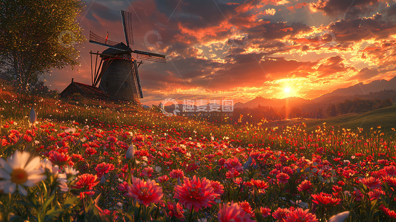 高清大图下载【趣麦麦图】夕阳下的红色花海风车