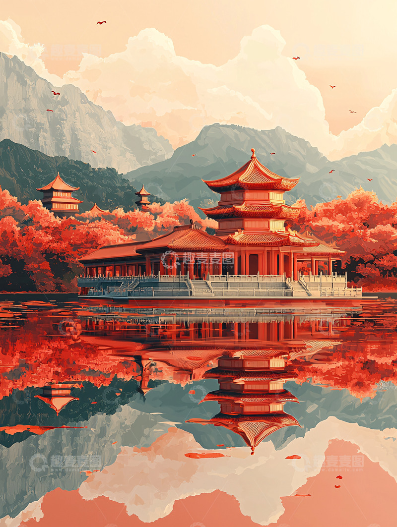 高清大图下载【趣麦麦图】水面倒影的中国古建筑