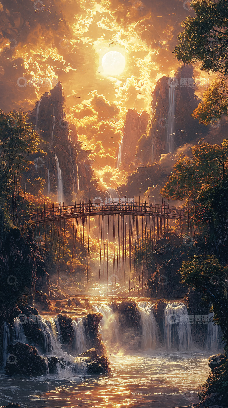 高清大图下载【趣麦麦图】金色阳光下的瀑布桥