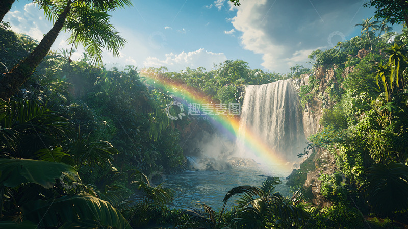 高清大图下载【趣麦麦图】热带雨林瀑布彩虹景观