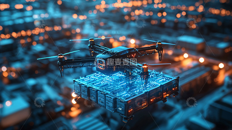 高清大图下载【趣麦麦图】夜空中飞行的无人机送货