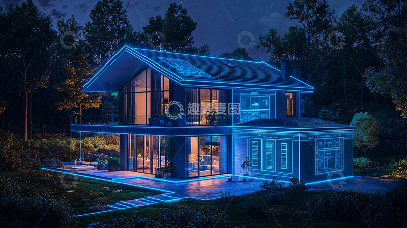 高清大图下载【趣麦麦图】夜晚蓝色灯光别墅