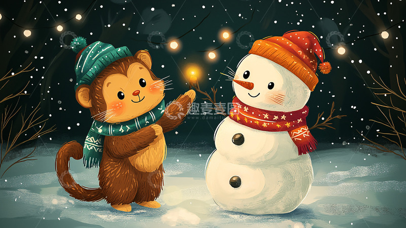 高清大图下载【趣麦麦图】猴子雪人圣诞节