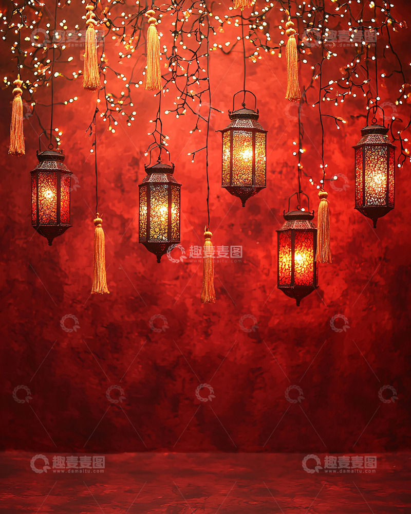 高清大图下载【趣麦麦图】红色背景灯笼垂吊