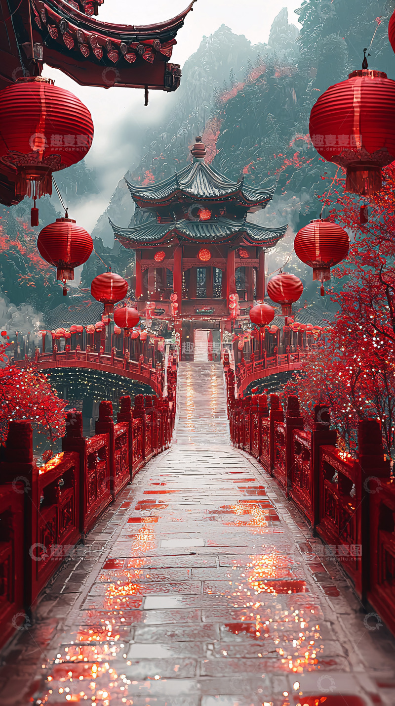 高清大图下载【趣麦麦图】红灯笼古建筑山水画