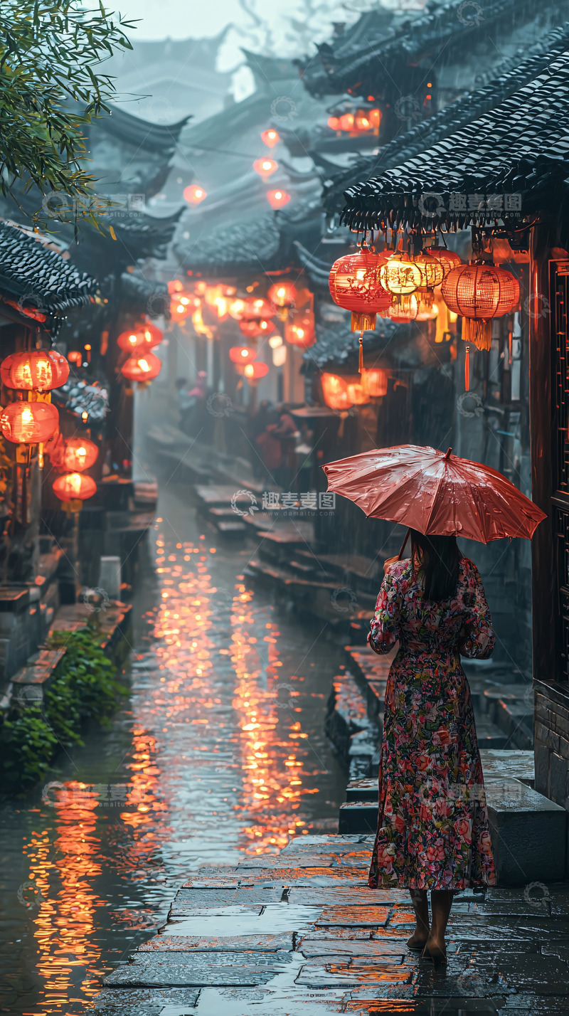 高清大图下载【趣麦麦图】烟雨江南撑伞女子