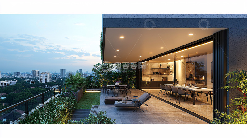 高清大图下载【趣麦麦图】现代风格顶层公寓露台夜景
