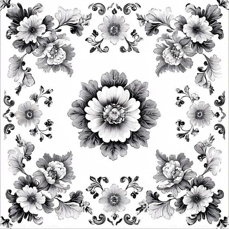 高清大图下载【趣麦麦图】黑白花卉对称图案
