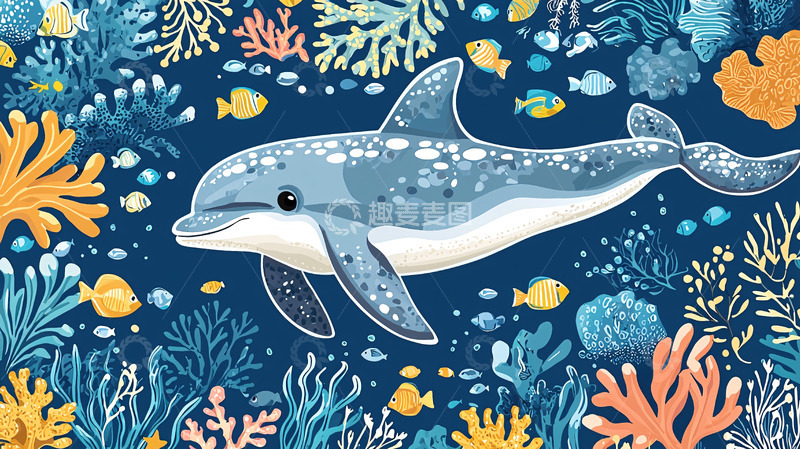 高清大图下载【趣麦麦图】卡通风格的海豚在珊瑚礁中