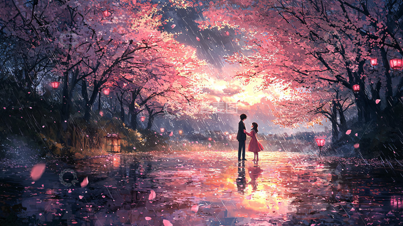 高清大图下载【趣麦麦图】樱花树下恋人