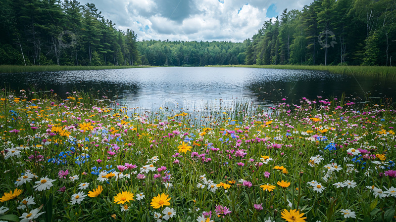 高清大图下载【趣麦麦图】宁静湖面鲜花盛开